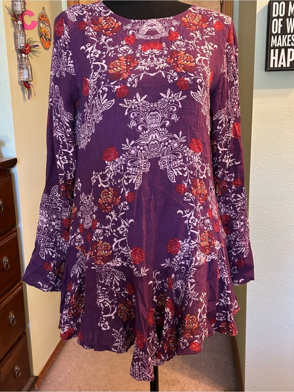 Free People Smooth Talker purple floral long sleeve tunic dress drop waist XS